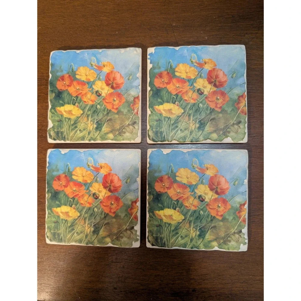 Ceramic Coaster Set Of 4 Floral Design With Cork Backs